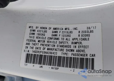 2017 Honda Accord Sport from USA, damaged, VIN 1HGCR2F5XHA286433